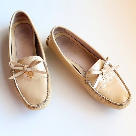 AUTHENTIC Prada Cream Leather Bow Detail Driving Loafers / Flat Slip On Shoes 7 - Picture 12 of 16